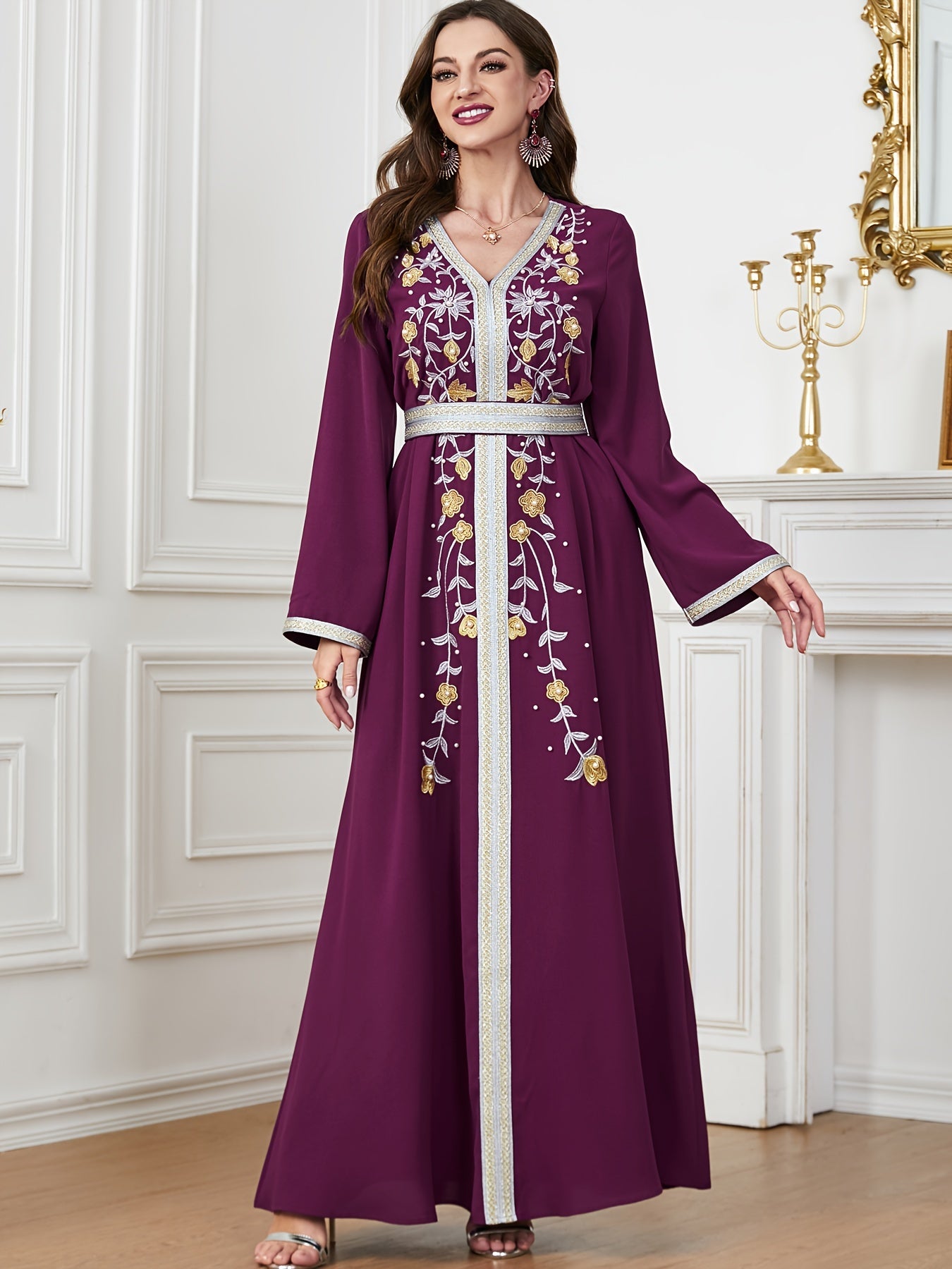 Floral Pattern V Neck Kaftan, Elegant Long Sleeve Belted Maxi Dress