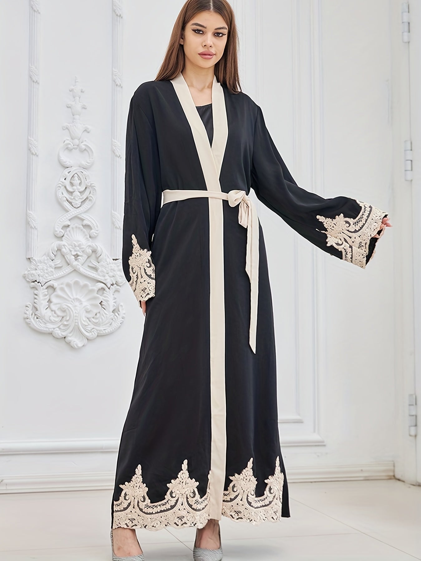 Contrast Lace Open Front Kaftan, Elegant Long Sleeve Maxi Dress