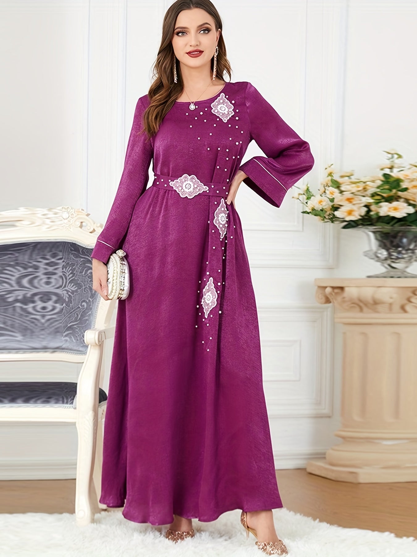 Beaded Decor Kaftan, Elegant Crew Neck Long Sleeve Dress