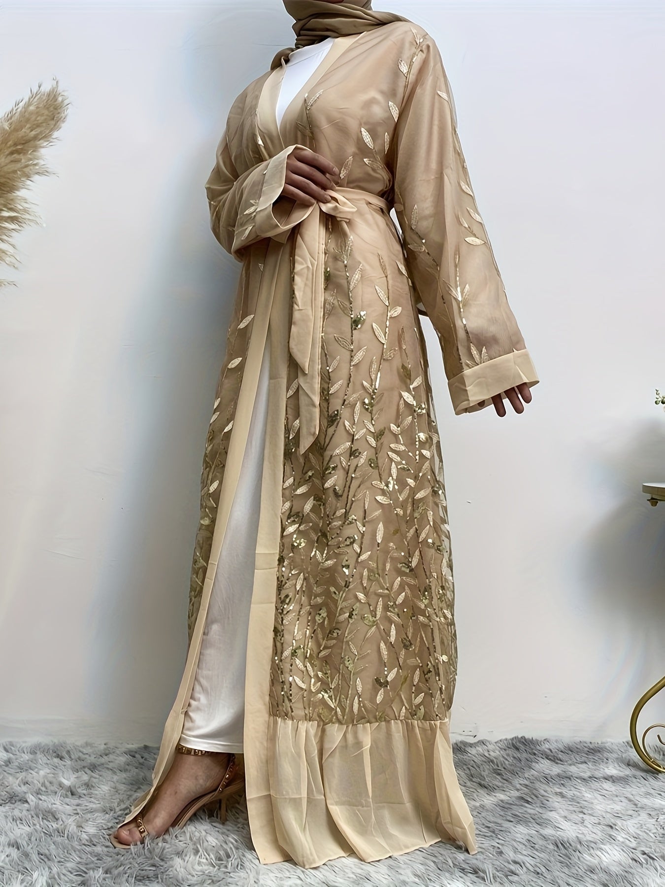 Leaves Embroidered Modest Dress, Elegant Belted Ruffle Hem Long Sleeve Maxi Dress