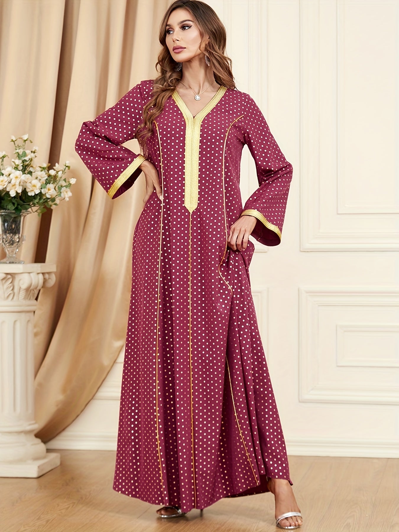 Ramadan Polka-dot Contrast Trim Kaftan Dress, Elegant V-neck Long Sleeve Maxi Length Dress