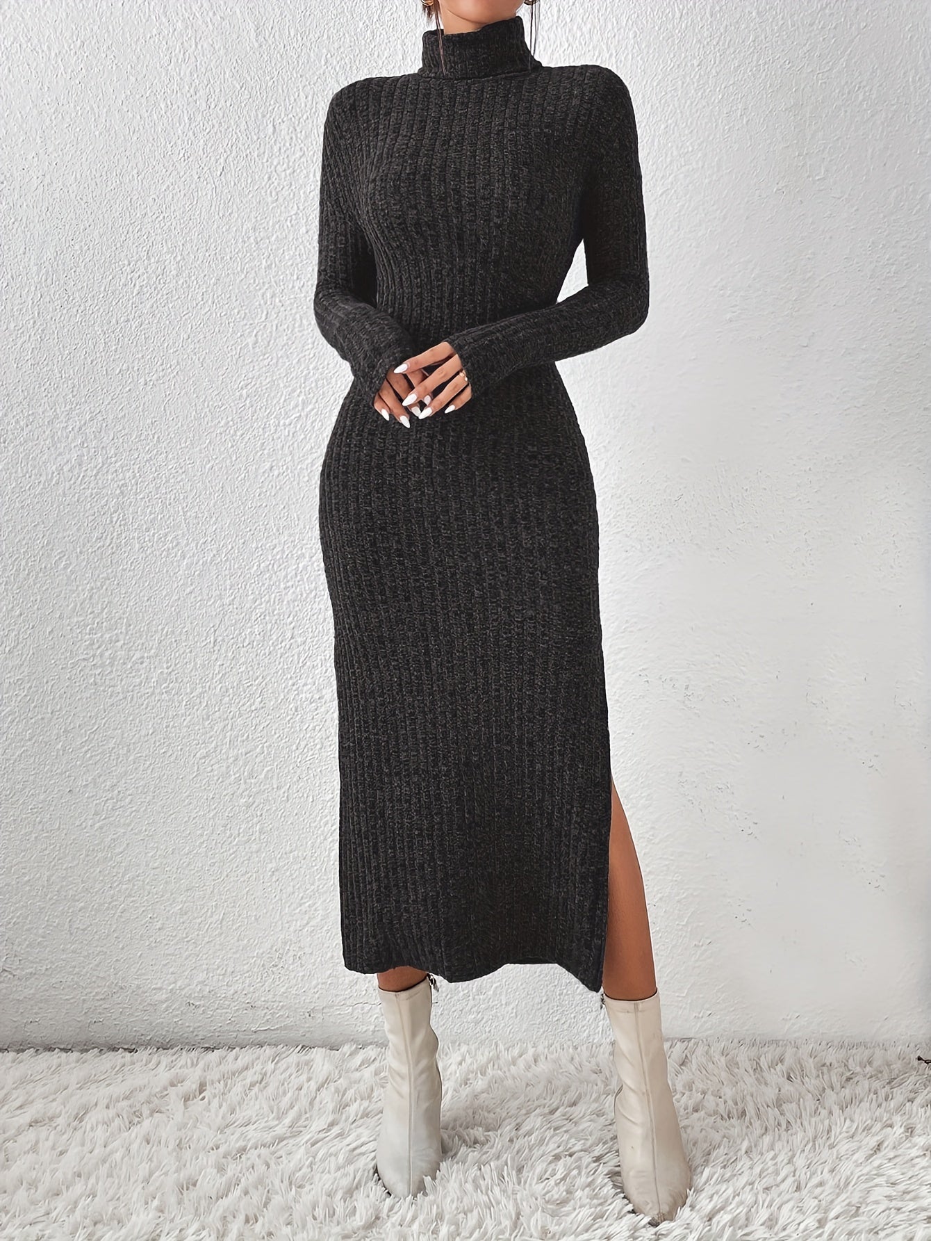 Turtleneck Split Solid Dress, Elegant Long Sleeve Bodycon Midi Dress, Women's Clothing