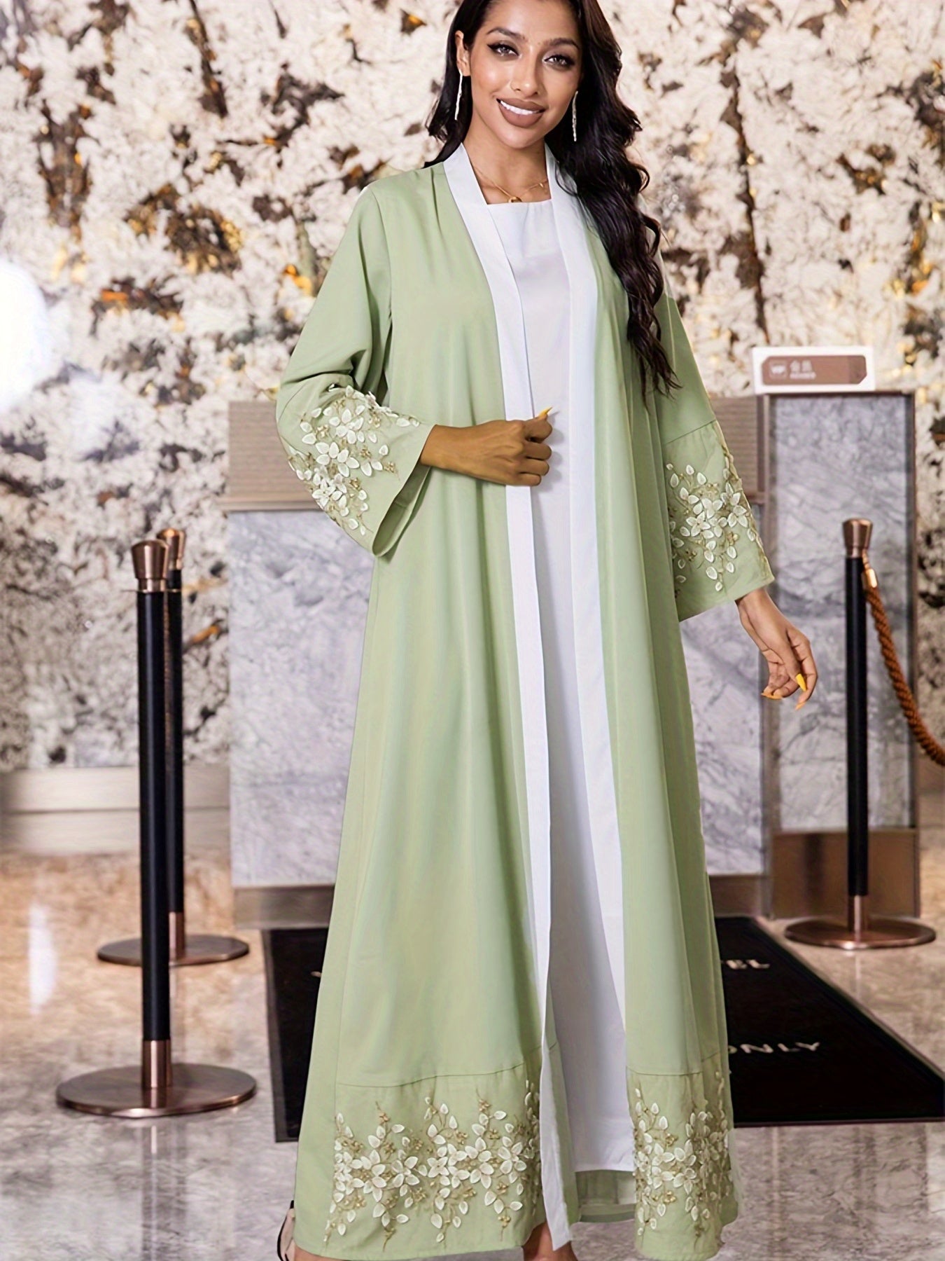 Floral Pattern Kaftan Dress, Elegant Open Front Long Sleeve Maxi Dress