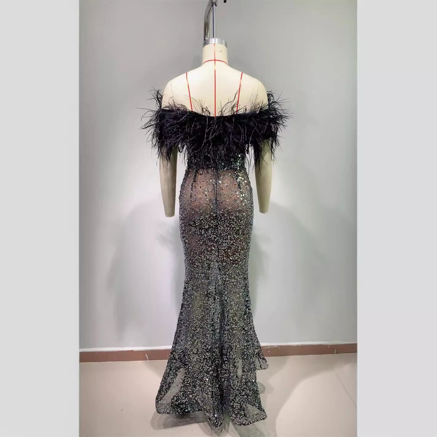 Luxury Feather Rhinestone V-neck Tube Top Sequins Dress