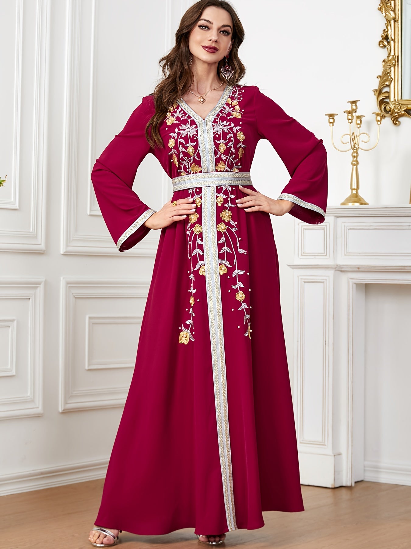 Floral Pattern V Neck Kaftan, Elegant Long Sleeve Belted Maxi Dress