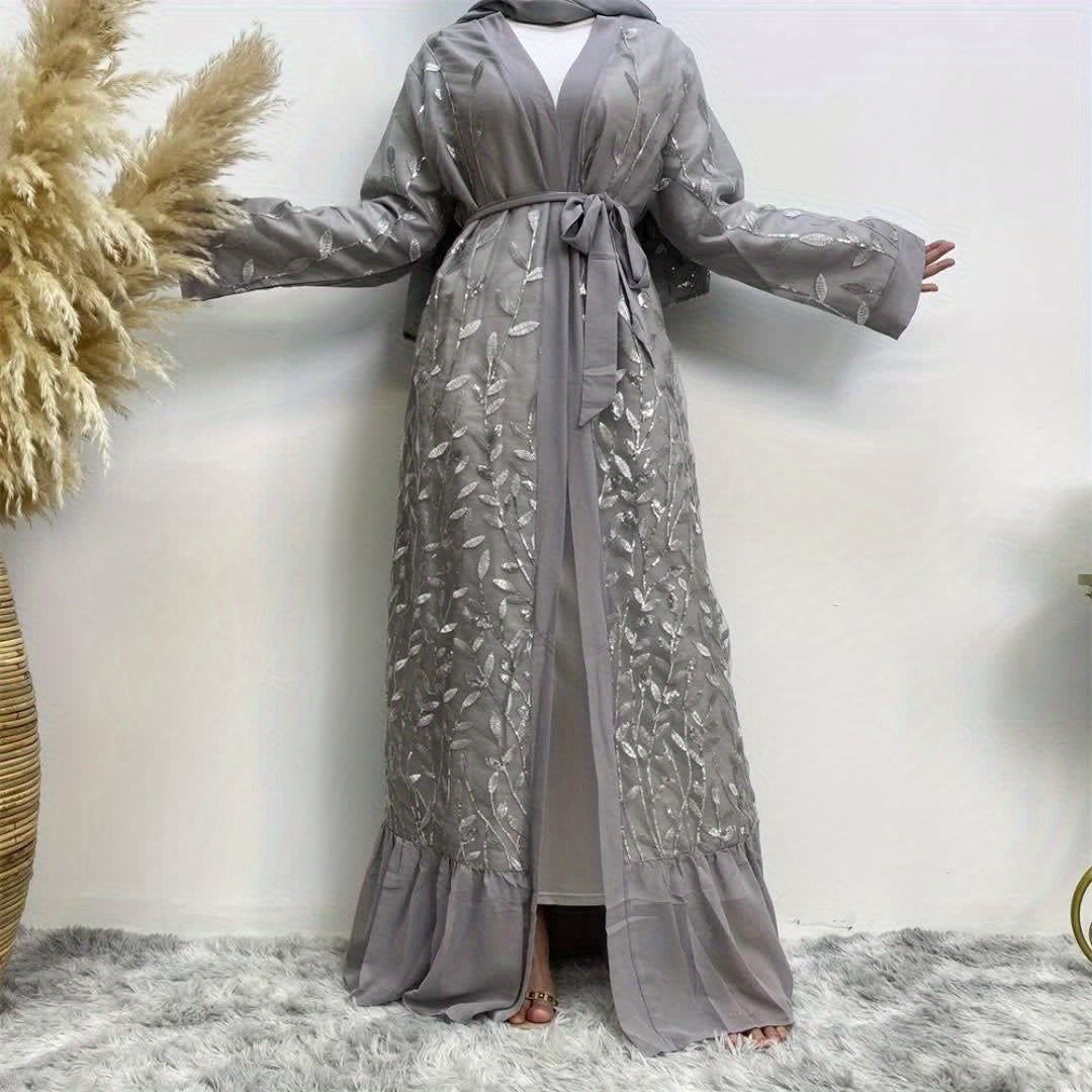 Leaves Embroidered Modest Dress, Elegant Belted Ruffle Hem Long Sleeve Maxi Dress