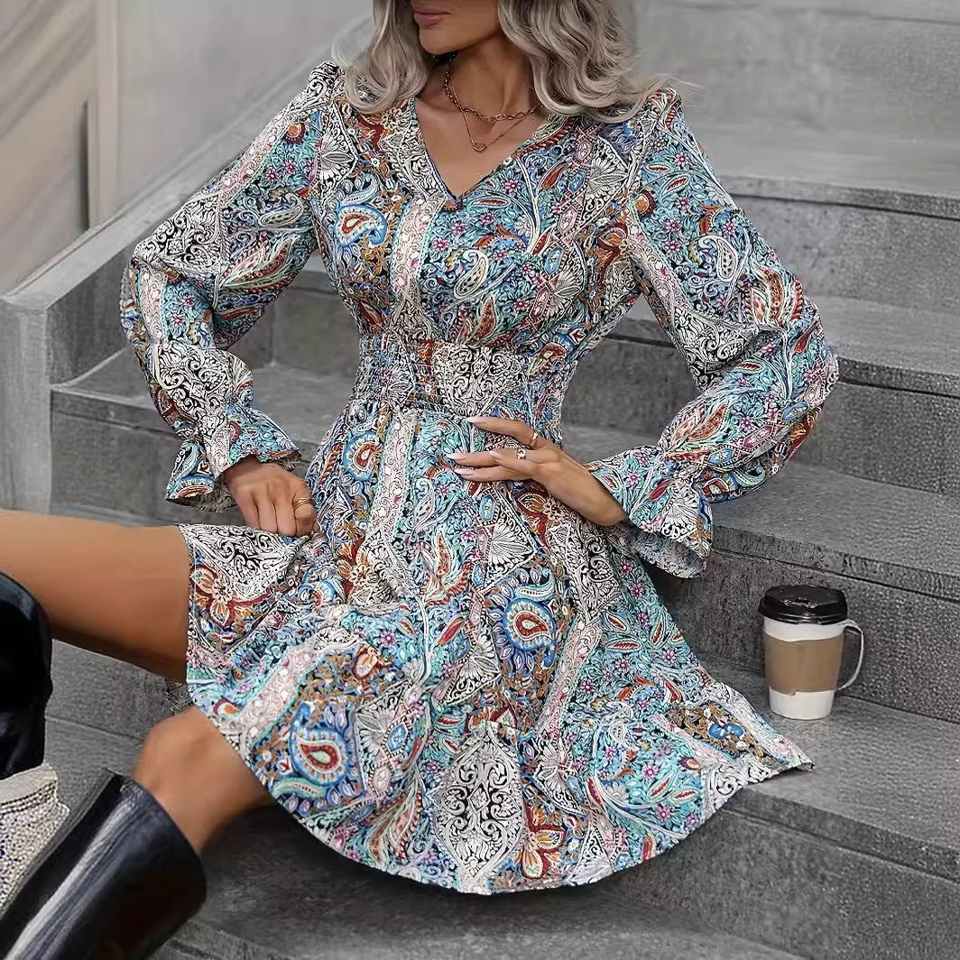 Women's Casual Printed V-neck Long Sleeved Dress