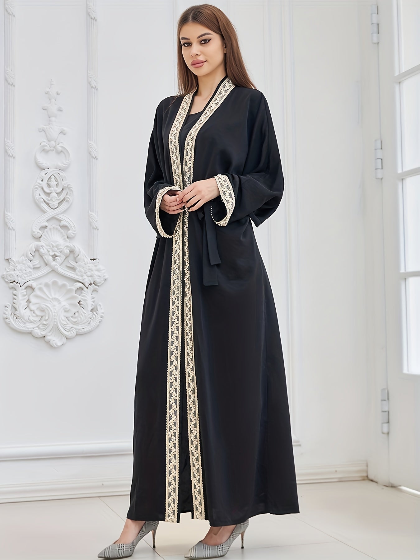 Contrast Trim Beaded Abaya, Elegant Batwing Sleeve Loose Maxi Belted Dress