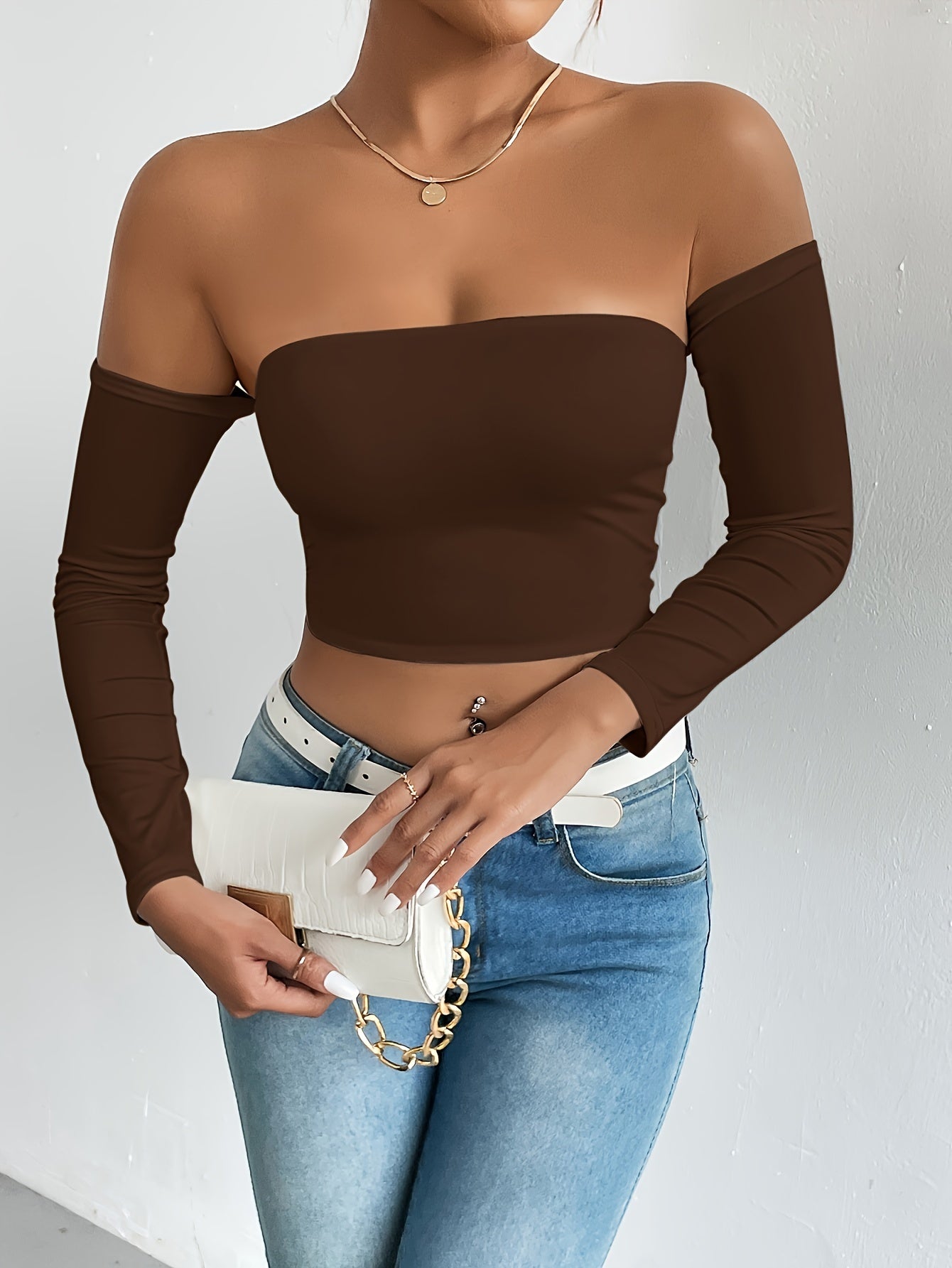 Solid Color Off-shoulder Crop Top, Sexy Long Sleeve Slim Top, Women's Clothing