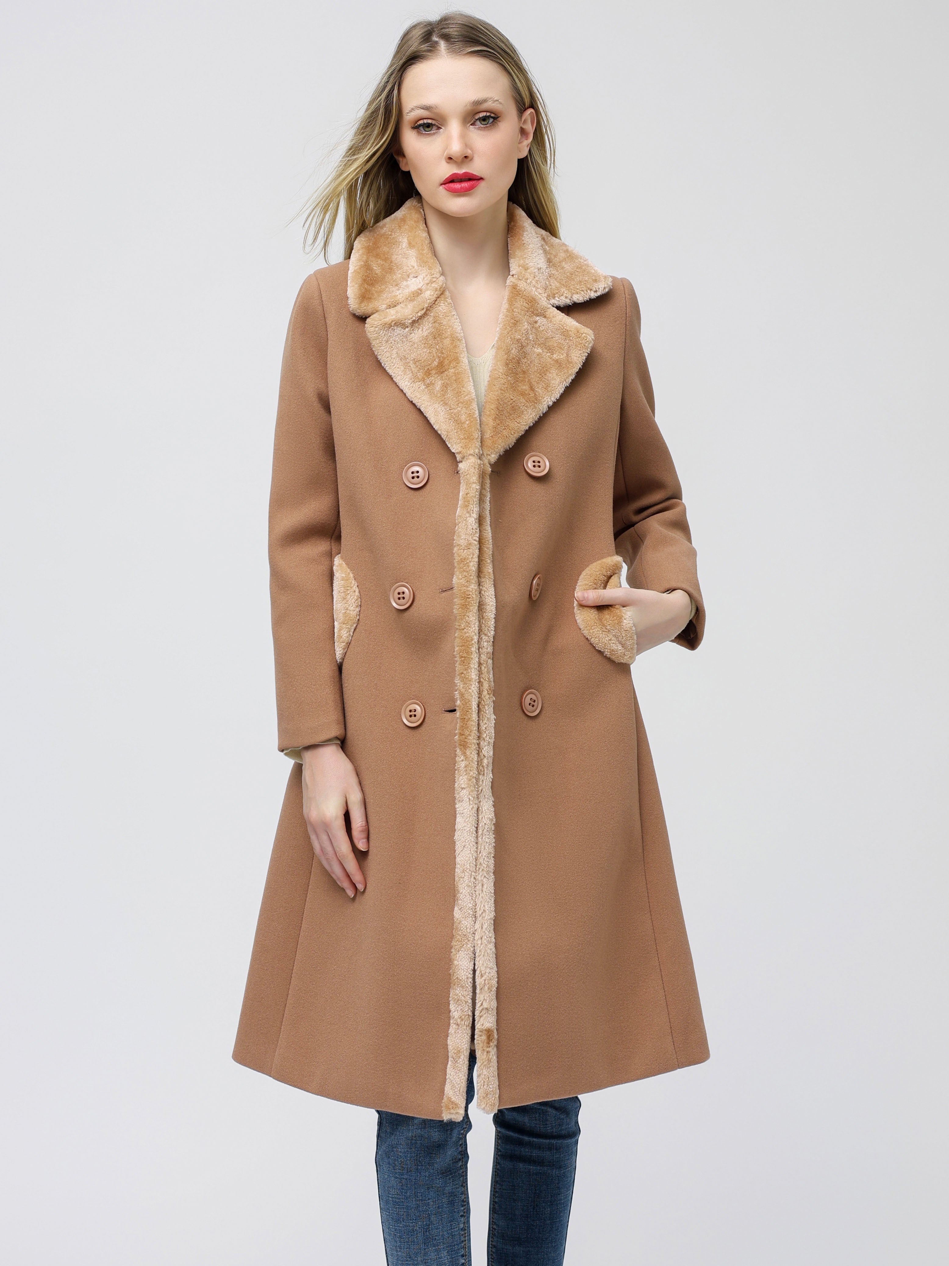 Women's Big Notch Lapel Double Breasted Mid-Long Wool Blend Coat Jackets