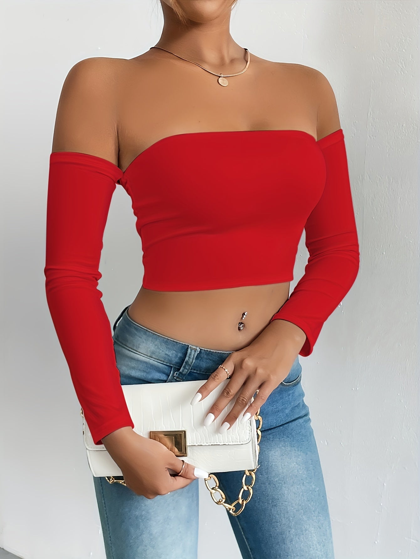 Solid Color Off-shoulder Crop Top, Sexy Long Sleeve Slim Top, Women's Clothing