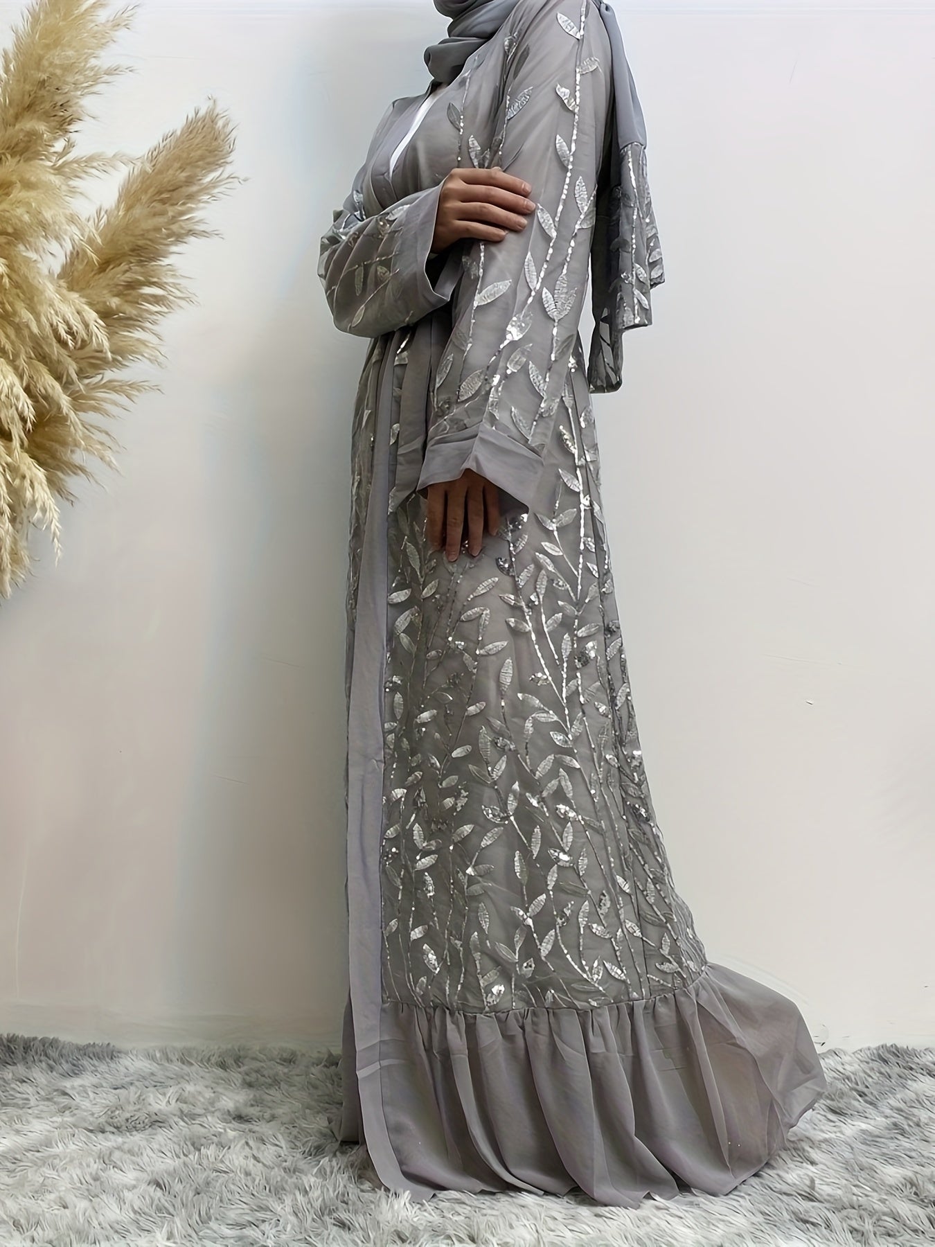 Leaves Embroidered Modest Dress, Elegant Belted Ruffle Hem Long Sleeve Maxi Dress