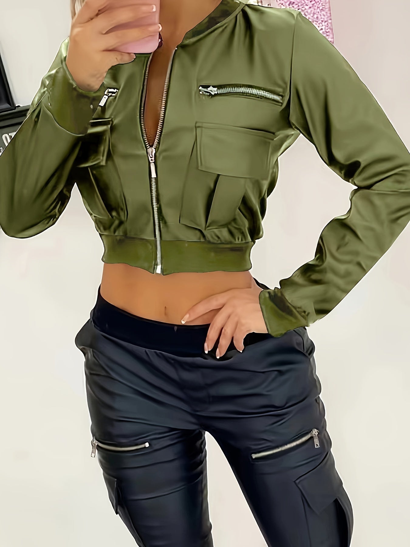 Zipper Solid Crop Jacket, Y2K Long Sleeve Jacket For Spring & Fall, Women's Clothing