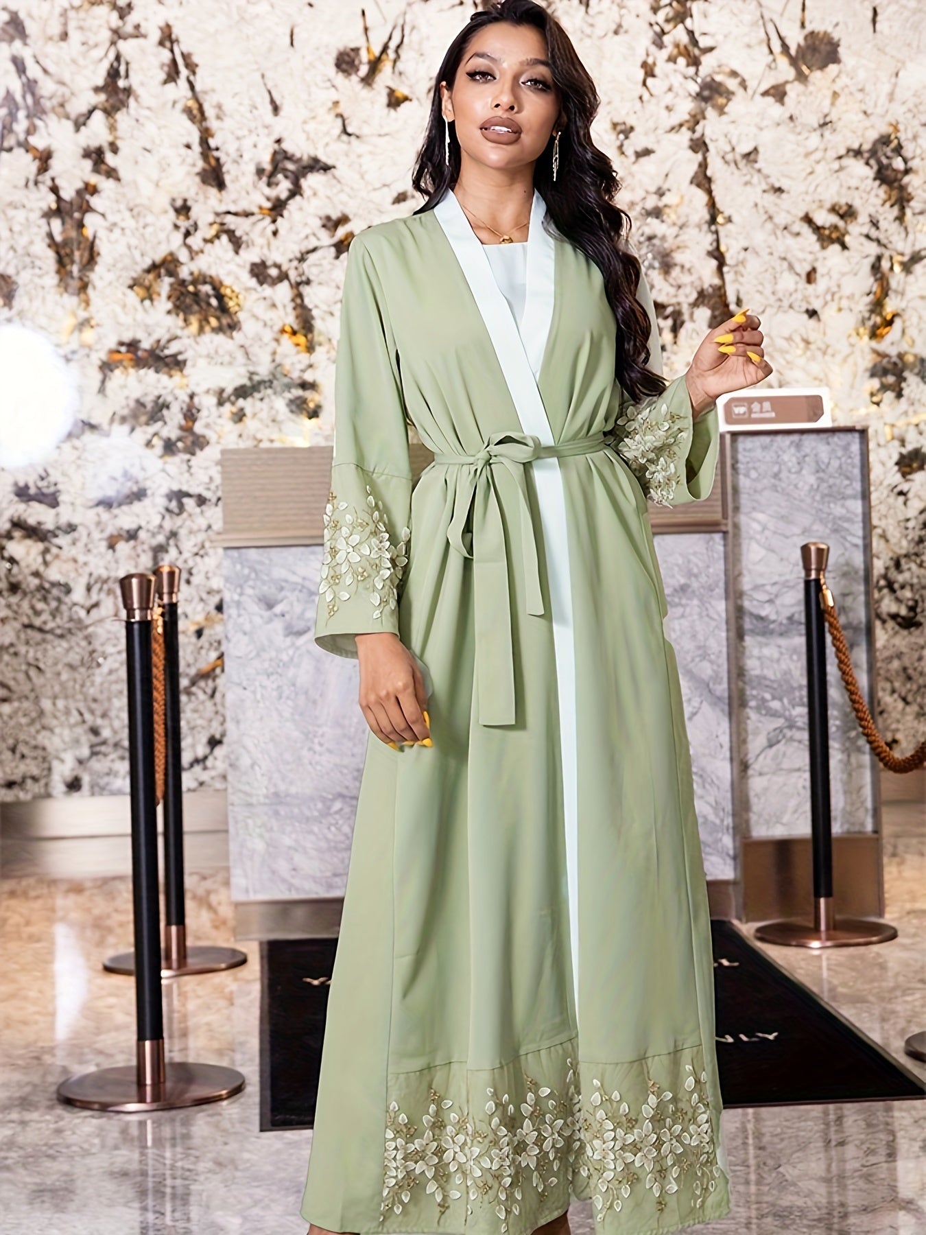 Floral Pattern Kaftan Dress, Elegant Open Front Long Sleeve Maxi Dress