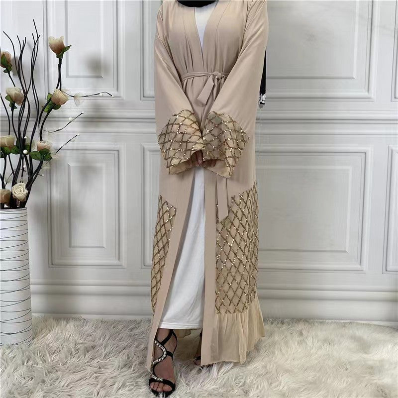 Long Sleeve Wrap Tied Kaftan Dress, Elegant Ruffle Hem Maxi Length Dress