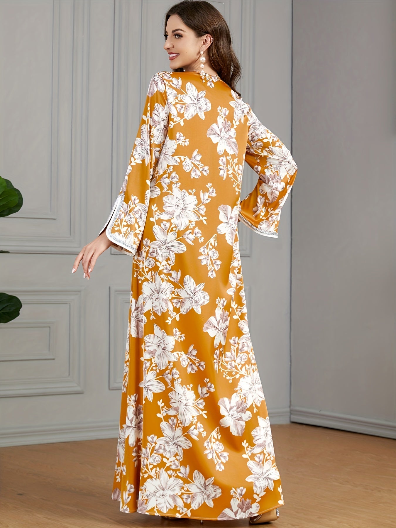 Floral Print Maxi Kaftan Dress, Elegant Split Long Sleeve Dress