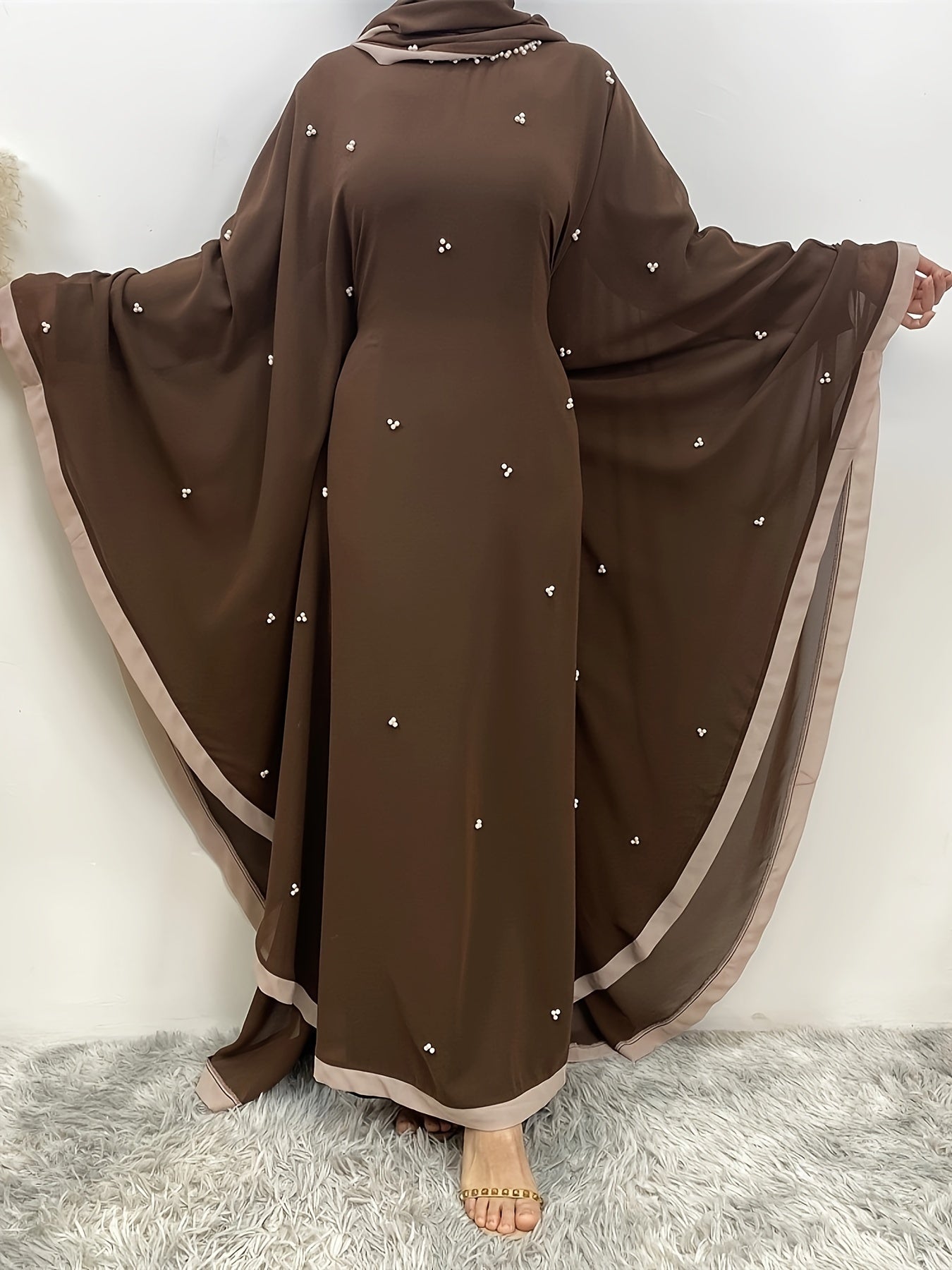 Beaded Contrast Trim Modest Dress, Elegant Batwing Sleeve Loose Maxi Dress With Hijab