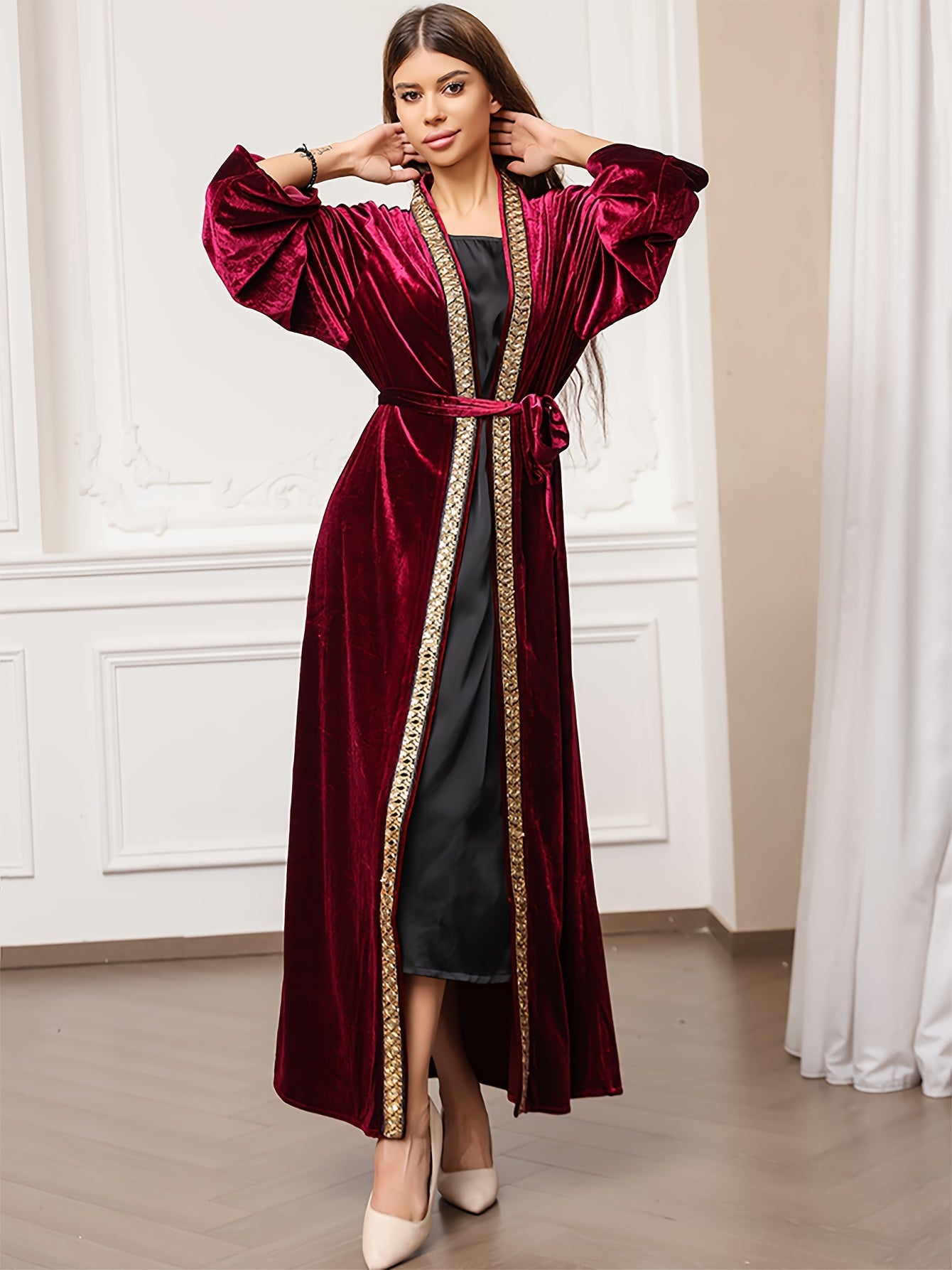 Ramadan Solid Open Front Kaftan, Elegant Long Sleeve Belted Maxi Dress