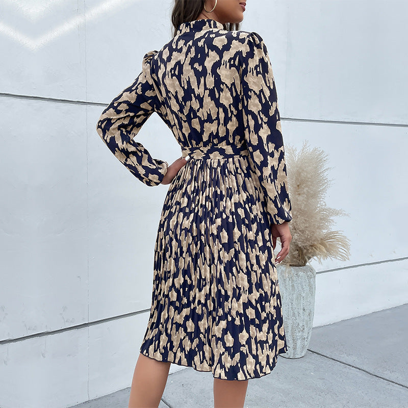 Women's Pleated Print Long Sleeve Dress