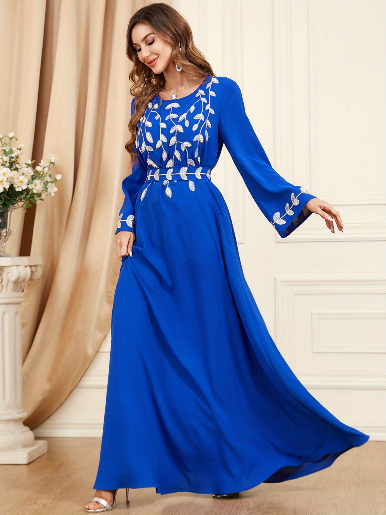 Crew Neck Embroidery Kaftan Dress, Elegant Tie-waist Long Sleeve Maxi Length Dress