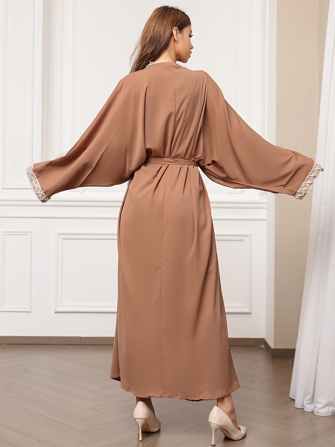 Contrast Trim Beaded Abaya, Elegant Batwing Sleeve Loose Maxi Belted Dress