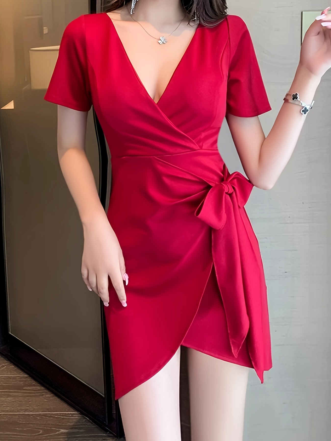 Solid Bow Side Wrap Bodycon Mini Dress, Surplice Neck Short Sleeve Elegant Dress, Women's Clothing