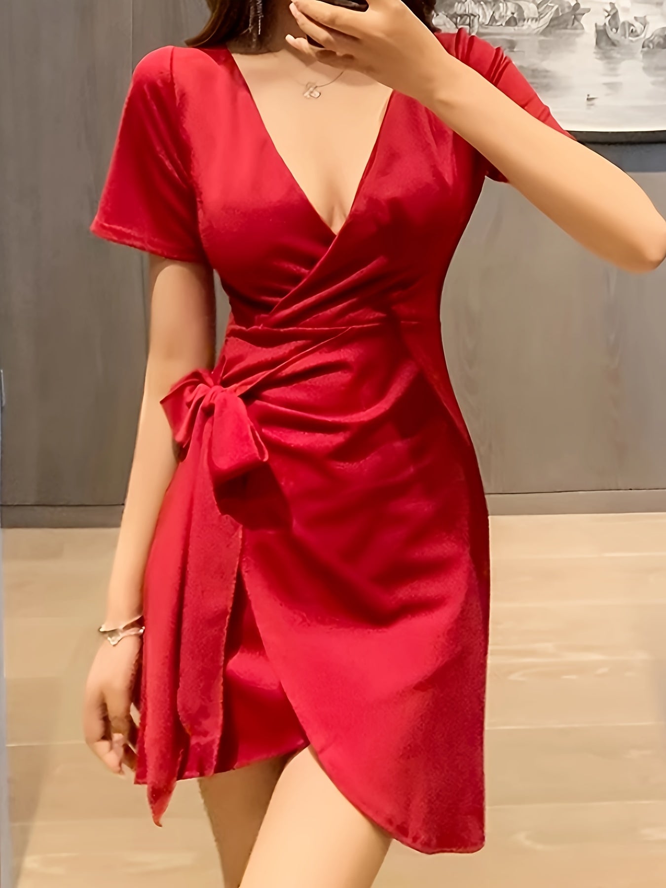 Solid Bow Side Wrap Bodycon Mini Dress, Surplice Neck Short Sleeve Elegant Dress, Women's Clothing