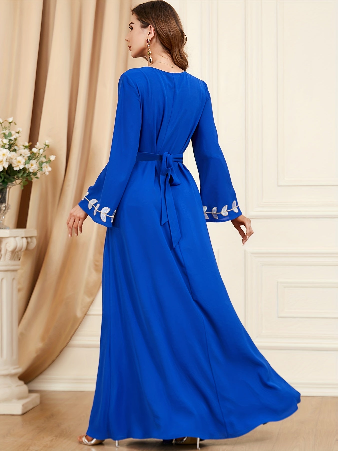 Crew Neck Embroidery Kaftan Dress, Elegant Tie-waist Long Sleeve Maxi Length Dress