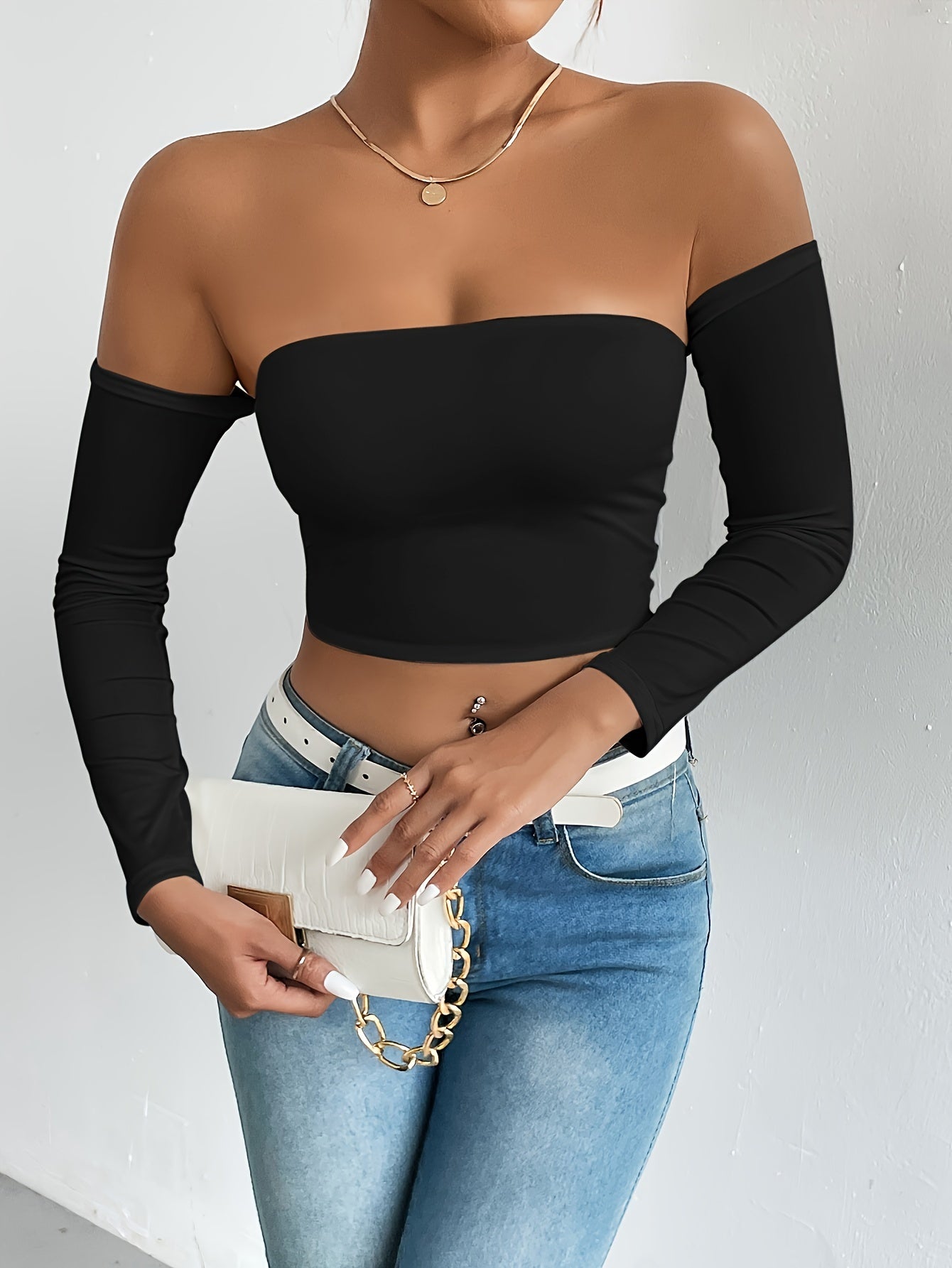 Solid Color Off-shoulder Crop Top, Sexy Long Sleeve Slim Top, Women's Clothing