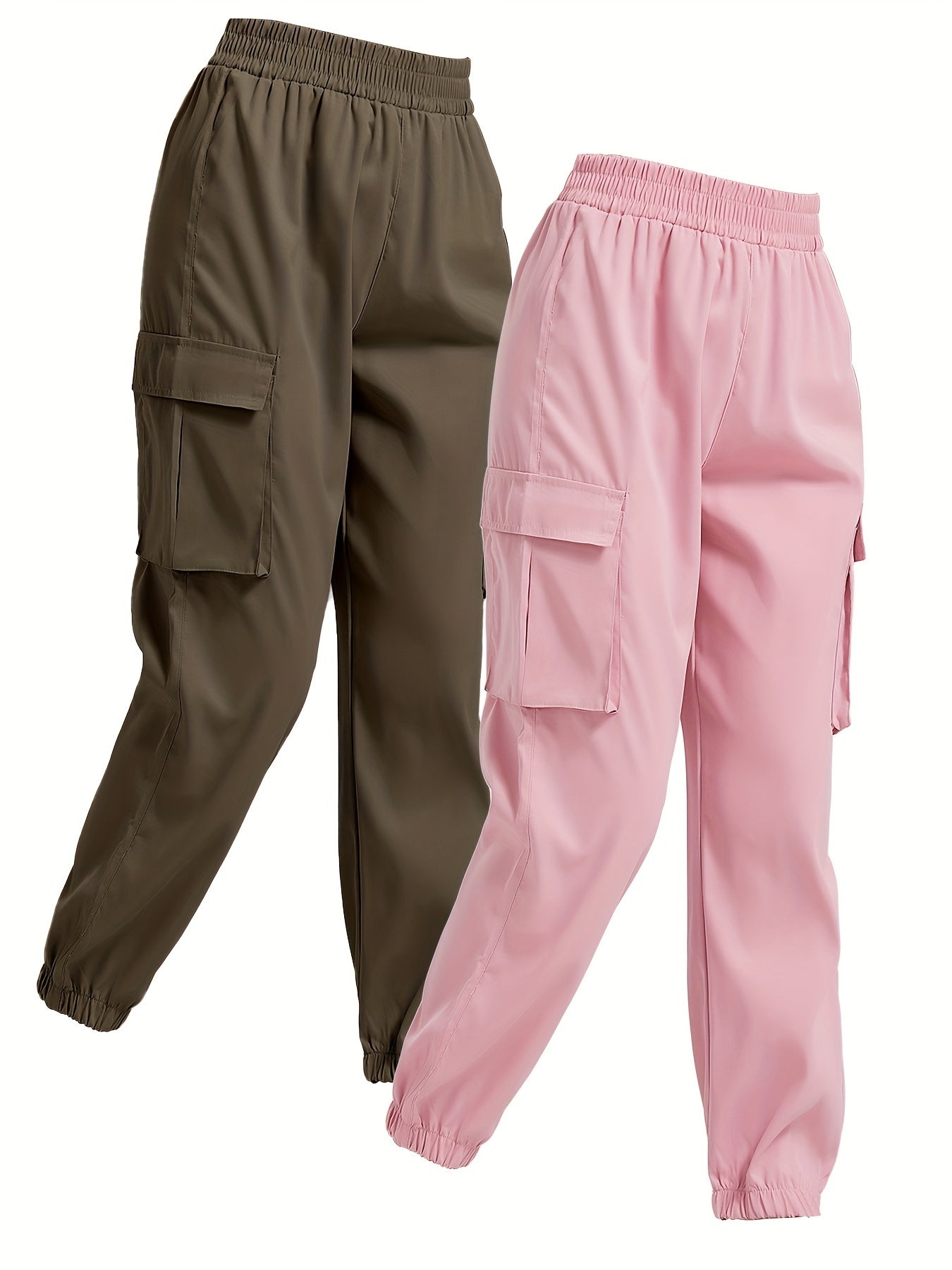 2 Pack Solid Jogger Cargo Pants, Casual Flap Pocket Elastic Waist Pants, Women's Clothing