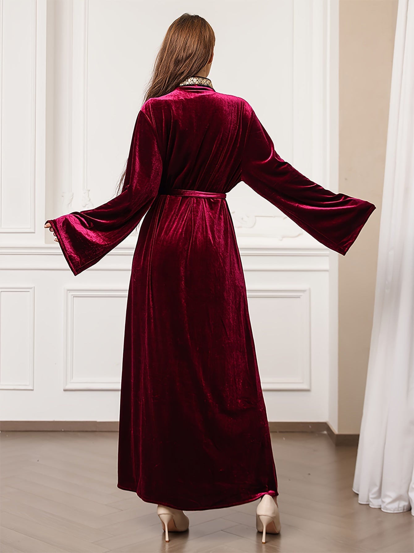 Ramadan Solid Open Front Kaftan, Elegant Long Sleeve Belted Maxi Dress