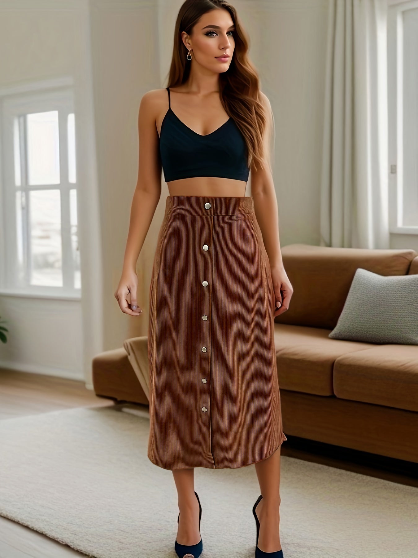 Corduroy Button Midi Skirt, Elegant Solid High Waist Skirt, Women's Clothing