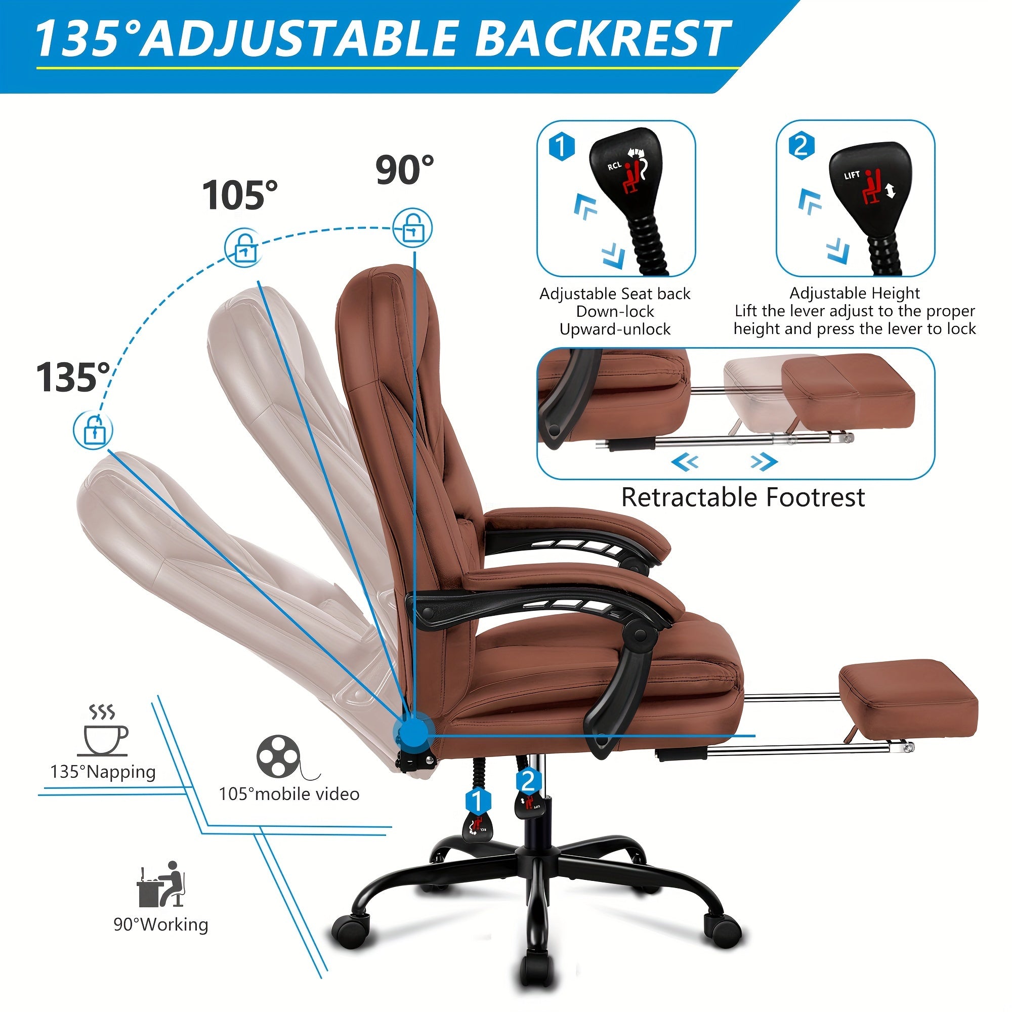 Actflame Executive Office Chair with Footrest, Big and Tall Reclining Leather Chair, High Back Ergonomic Desk Computer Game Chair for Home Office