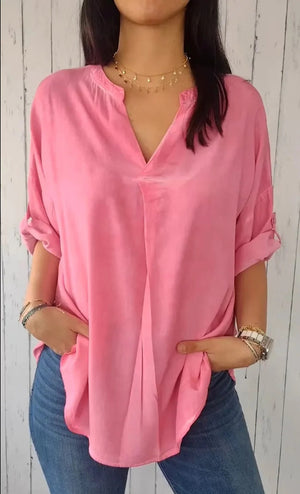 Women's Spring And Autumn V-neck Cotton And Linen Pure Plus Size Shirt