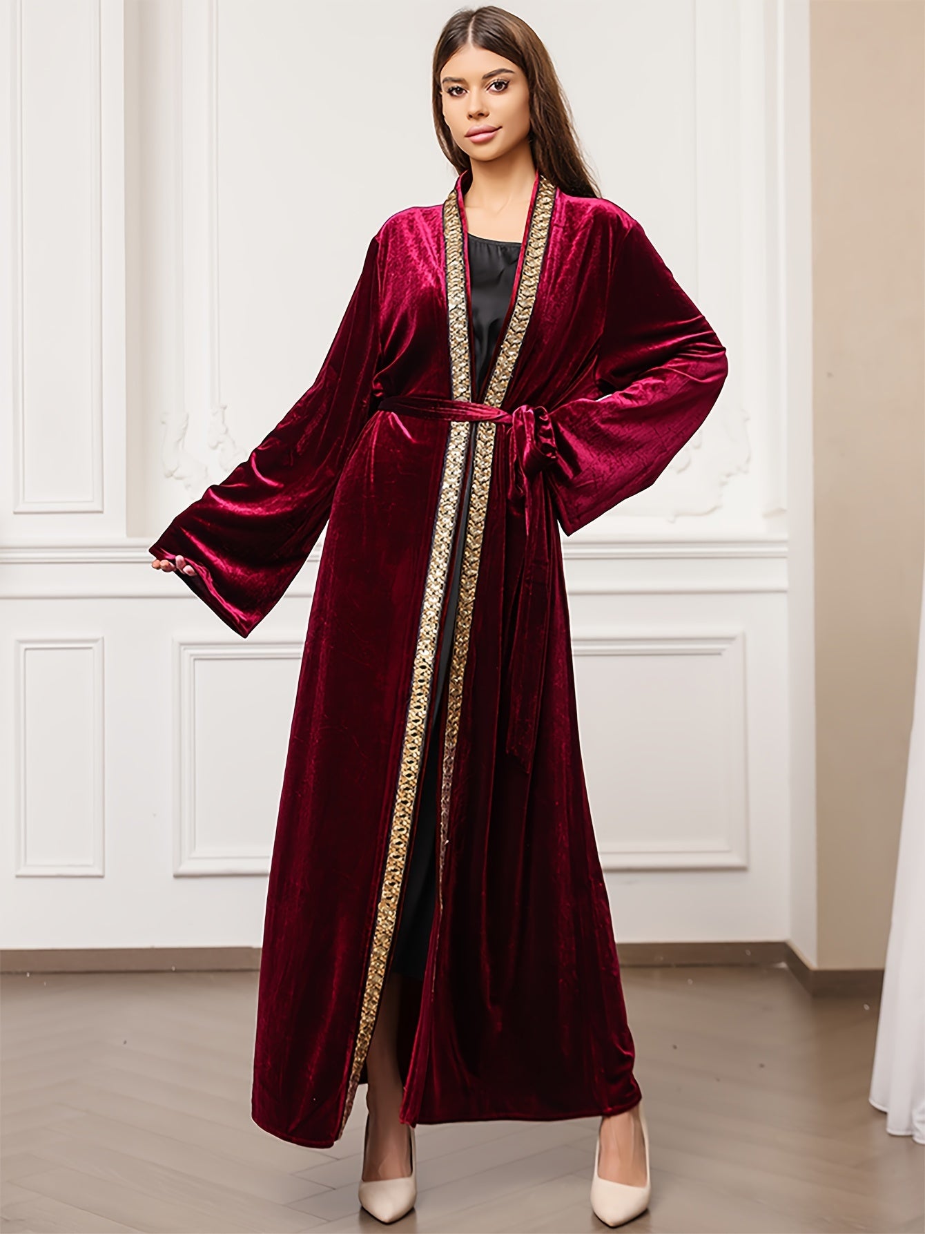 Ramadan Solid Open Front Kaftan, Elegant Long Sleeve Belted Maxi Dress