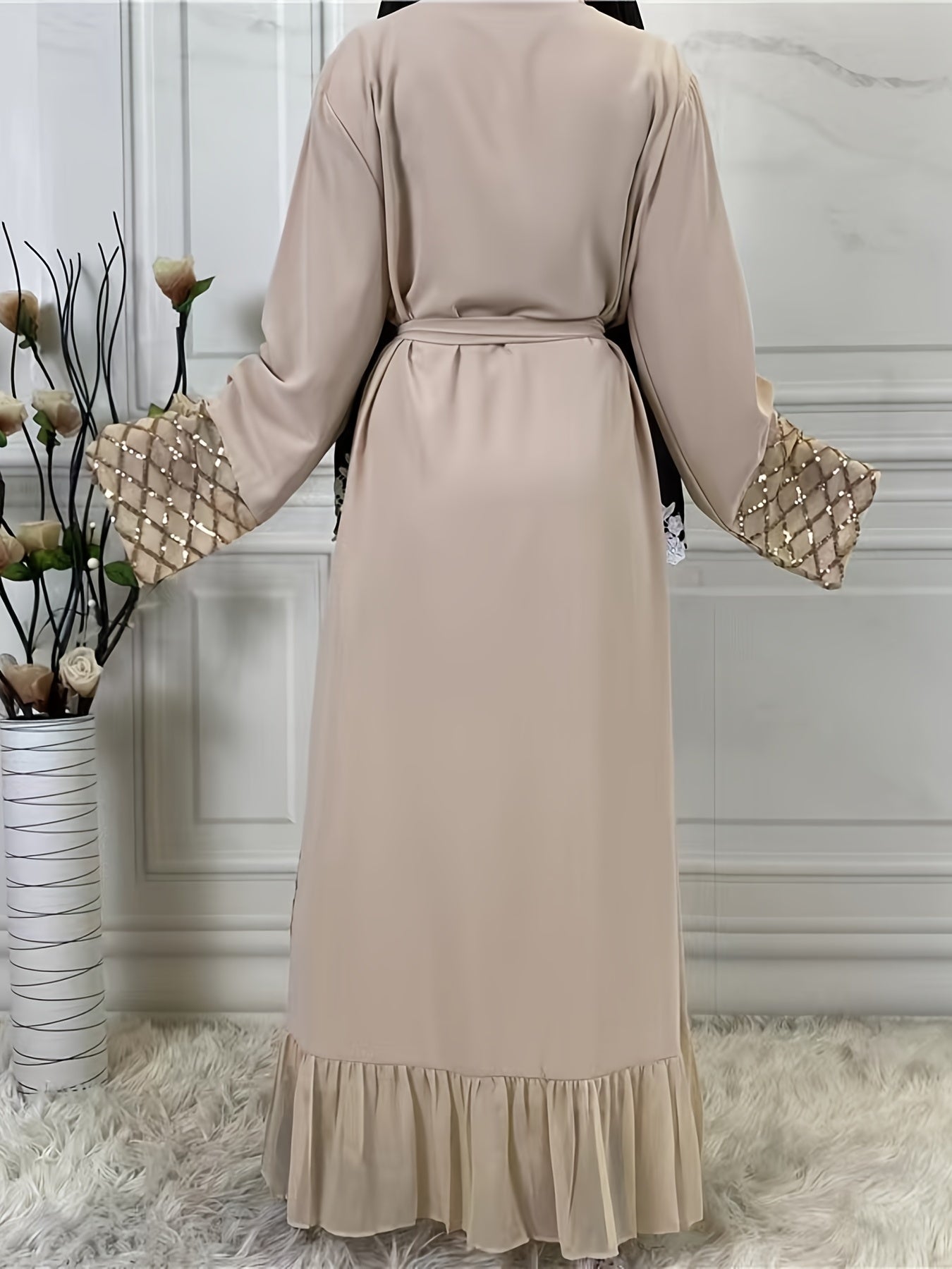 Long Sleeve Wrap Tied Kaftan Dress, Elegant Ruffle Hem Maxi Length Dress