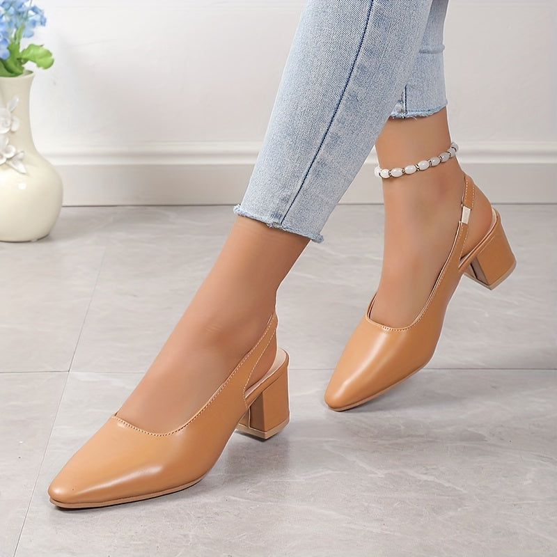 Women's Chunky Heeled Sandals, Pointed Toe Sling Back Solid Color High Heels, Women's Footwear