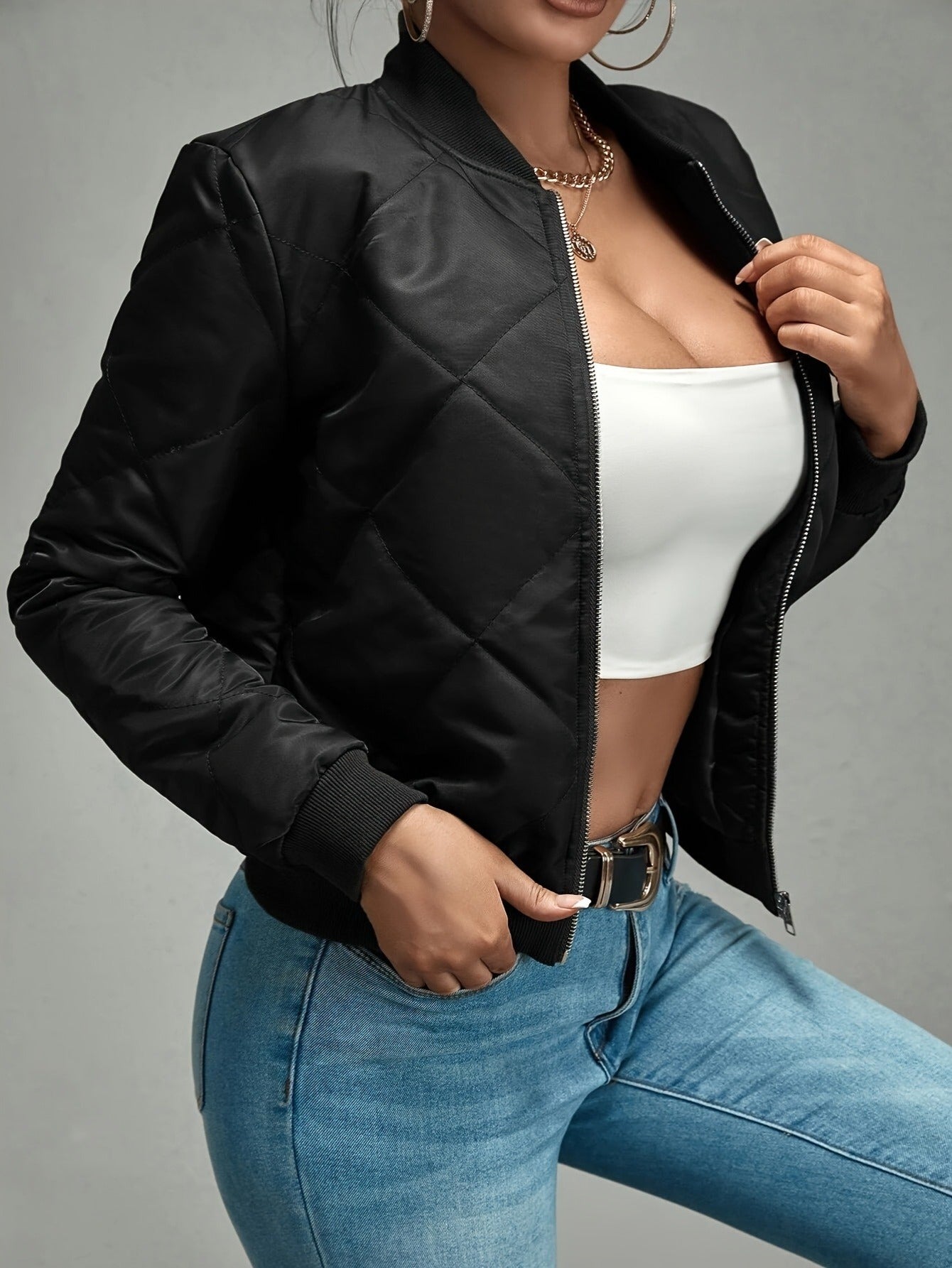 Autumn And Winter Women's Fashion Warm Jacket Zipper Quilted Pilot Jacket