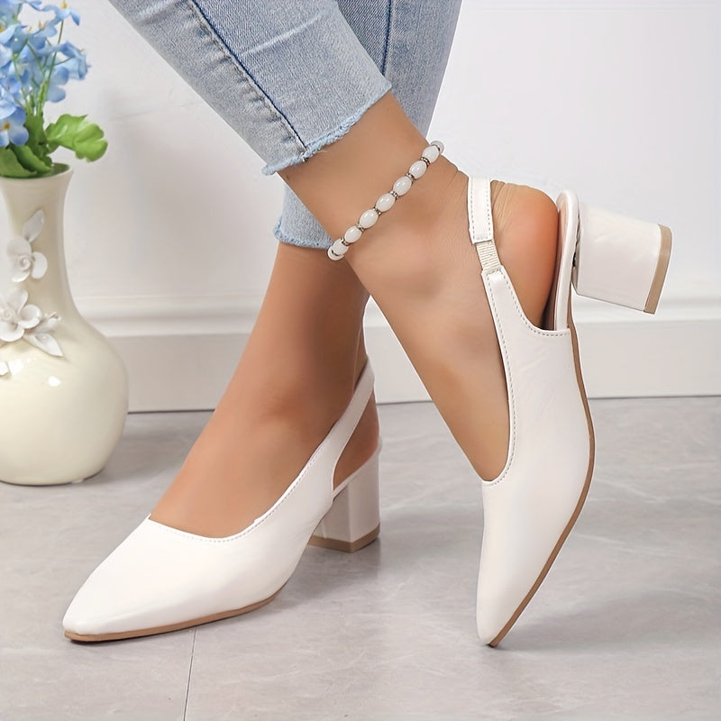 Women's Chunky Heeled Sandals, Pointed Toe Sling Back Solid Color High Heels, Women's Footwear