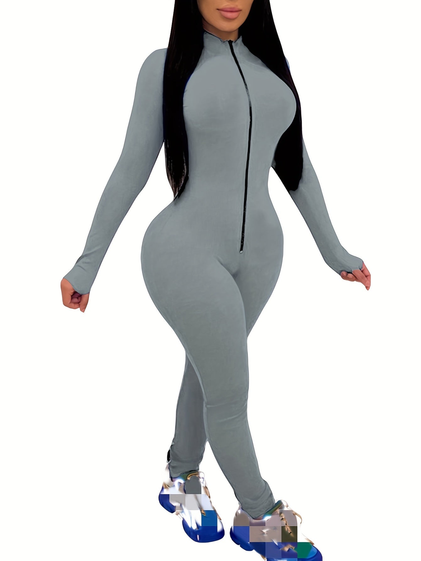 Women's Sexy Bodycon Zip Up Jumpsuit, Solid Long Sleeve Stretchy Jumpsuit, Women's Clothing