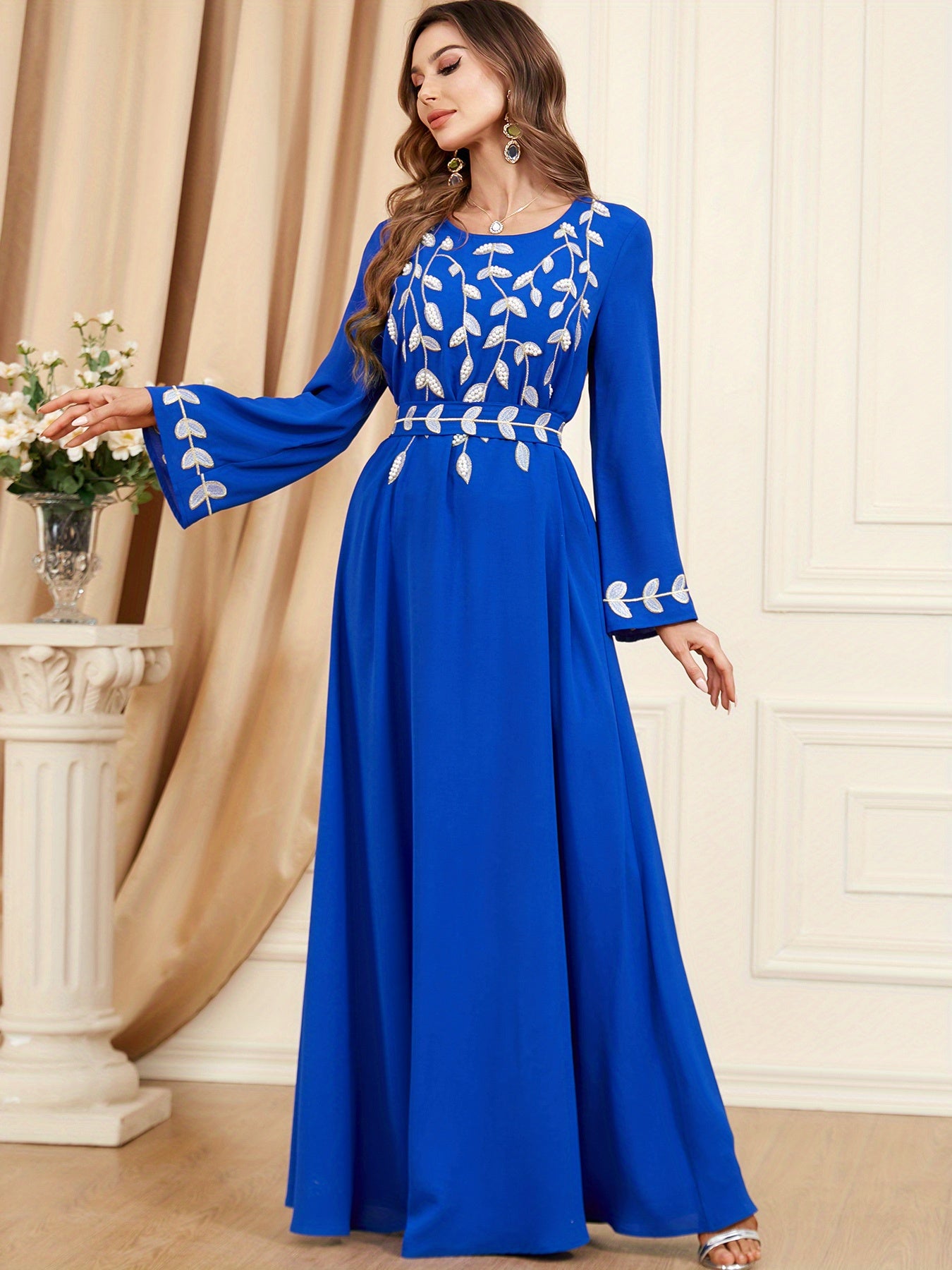 Crew Neck Embroidery Kaftan Dress, Elegant Tie-waist Long Sleeve Maxi Length Dress