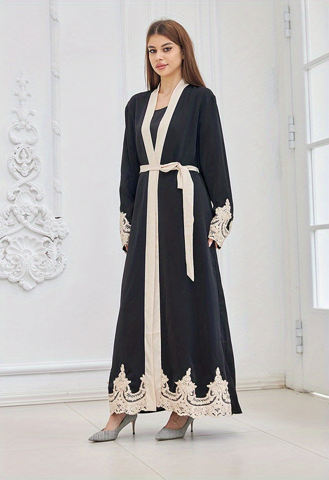 Contrast Lace Open Front Kaftan, Elegant Long Sleeve Maxi Dress