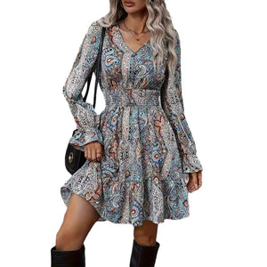 Women's Casual Printed V-neck Long Sleeved Dress