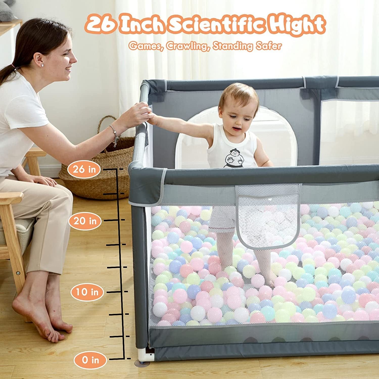 Großer Baby-Laufstall 79 x 71, Extragroßer Laufstall für Babys und Kleinkinder, Laufstall mit Tor, Babyzaun mit atmungsaktivem Netz, Sicherheits-Aktivitätszentrum für drinnen und draußen, Grau