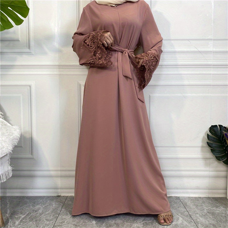 Contrast Lace Solid Kaftan Dress, Modest Long Sleeve Maxi Dress