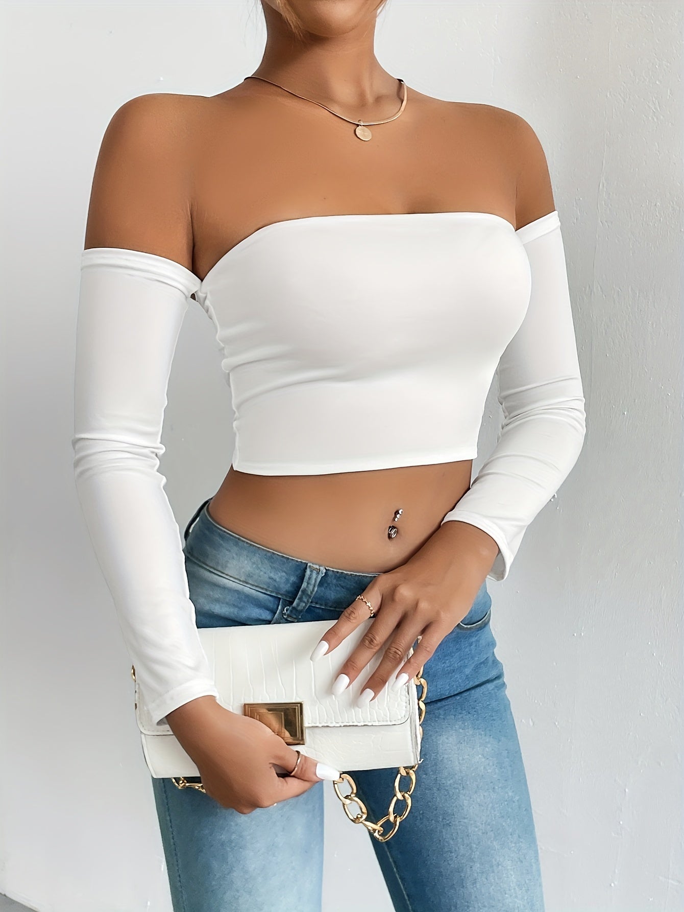 Solid Color Off-shoulder Crop Top, Sexy Long Sleeve Slim Top, Women's Clothing