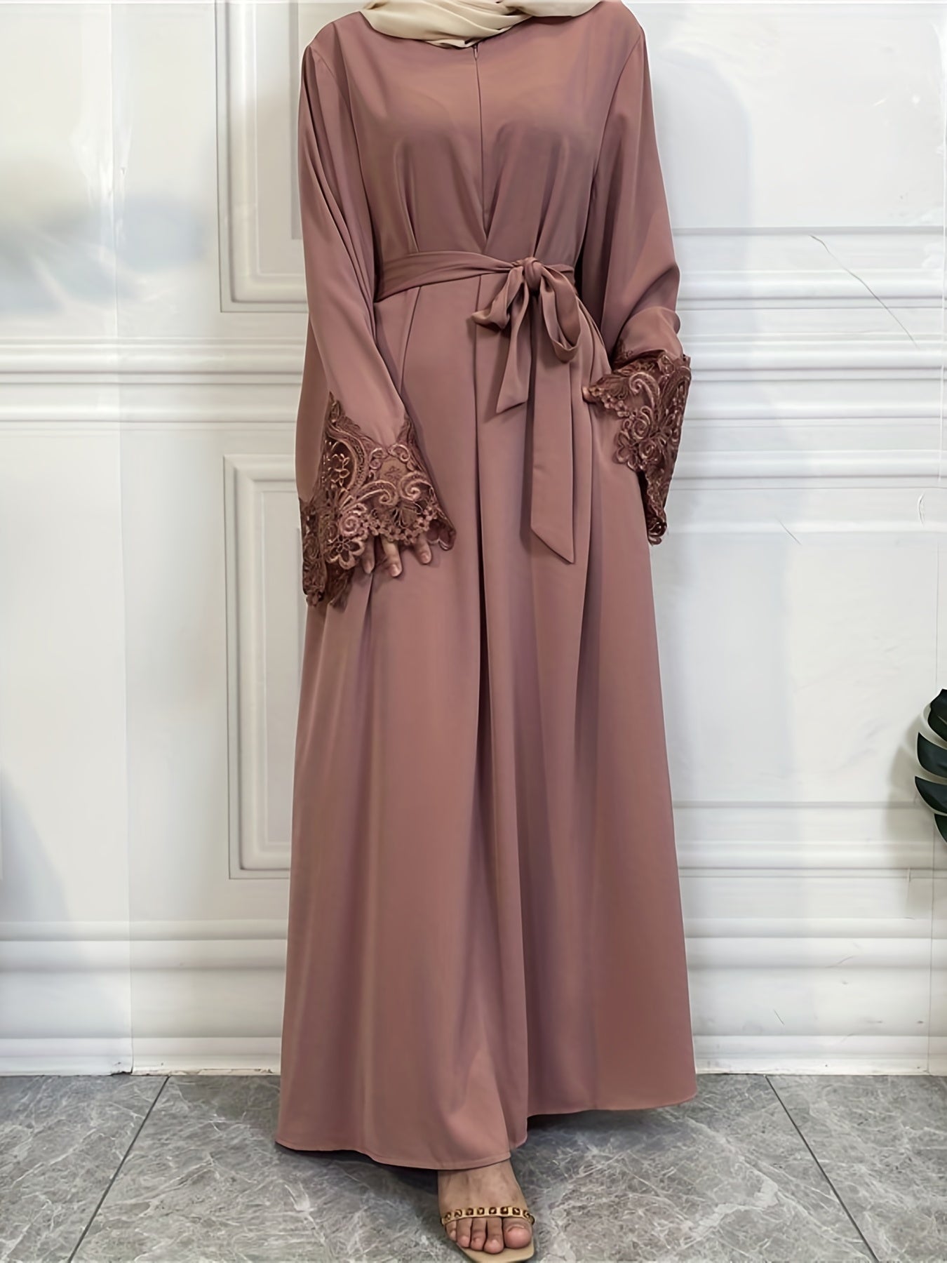 Contrast Lace Solid Kaftan Dress, Modest Long Sleeve Maxi Dress