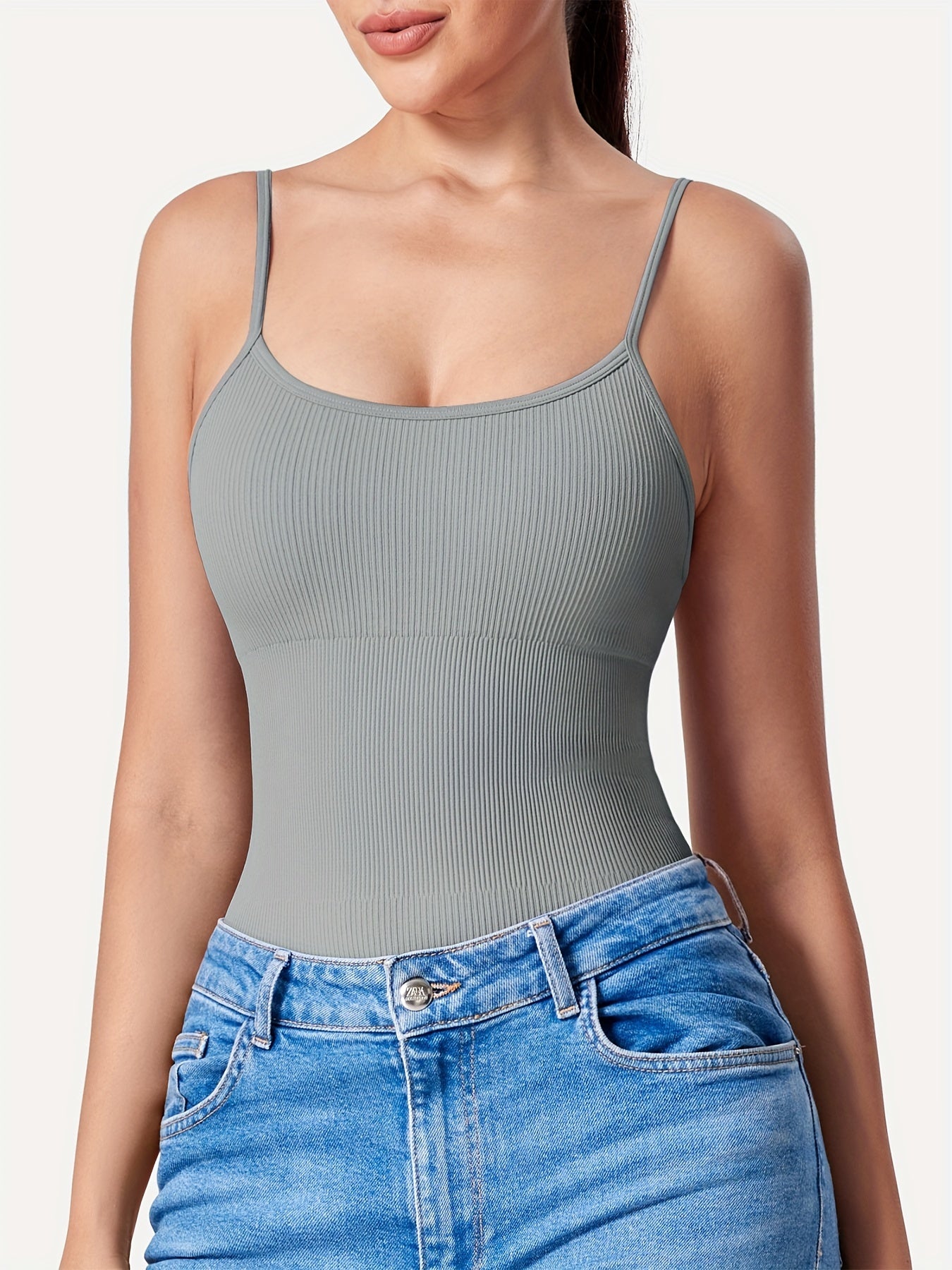 Solid Color Ribbed Cami Bodysuit, Sexy Backless Slim Bodysuit For Summer, Women's Clothing