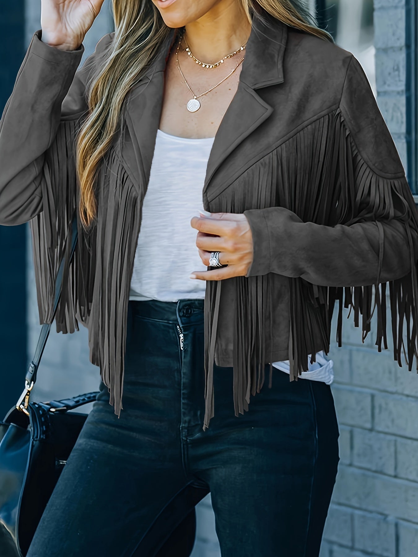 Cropped Fringe Suede Faux Leather Motorcycle Jacket, Fashion Tassel Lightweight Solid Jacket, Women's Clothing