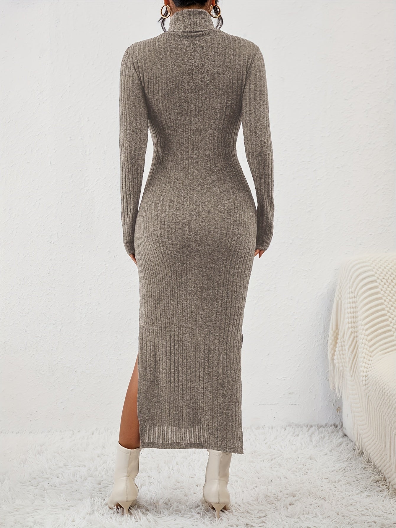 Turtleneck Split Solid Dress, Elegant Long Sleeve Bodycon Midi Dress, Women's Clothing